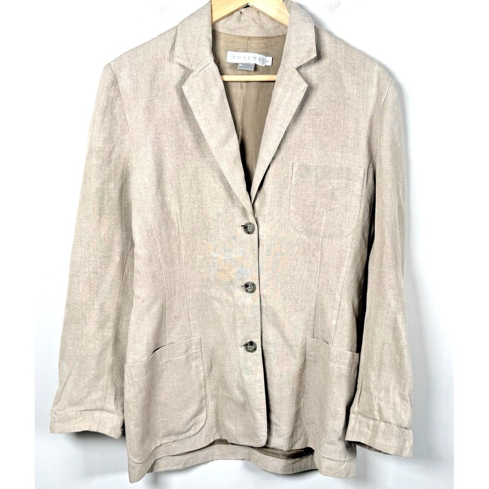 Vintage TWEEDS Linen Blazer Jacket Beige Tan Size 6 3-Button Minimalist Coastal